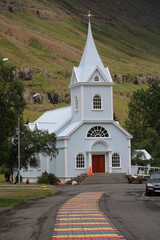 Fototapeta na wymiar The beautiful small church of Seydisfjordur in the Icelandic Eastfjords - a must see of the region. 