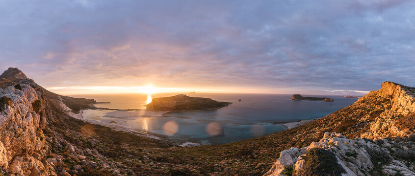 panoramashot of balos beach at sunset, crete, greece