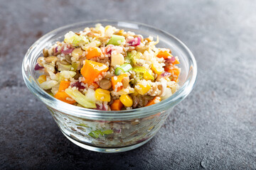 Lentil salad with veggies. Lentil salad with mix vegetables in bowl.