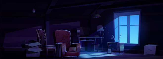 House attic at night, storage of old furniture under roof of residential building. Vector cartoon interior of dark attic room with vintage chairs, table, tv, floor lamp and cardboard boxes