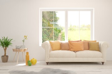 White living room with sofa and summer landscape in window. Scandinavian interior design. 3D illustration