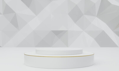 3d rendering white background with geometric shapes, podium on the floor. Platforms for product presentation