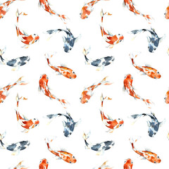 Seamless watercolor pattern with koi Carp on a white background. Watercolor orange fish for fabrics, banners, prints, postcards, gifts.