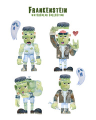 Frankenstein 4 actions Halloween collection watercolor painting. Frankenstein with ghost, I love you hand pose, holding head pose and holding syringe pose. 