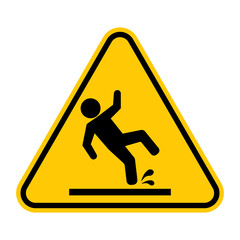 Wet floor sign. Vector illustration of yellow triangle warning sign with man slips icon inside. Caution slippery floor. Attention. Danger zone. Walk carefully.