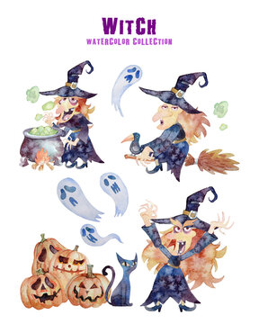 Witch 3 actions Halloween collection watercolor painting. Making potion pose,  riding a broom pose and pumpkin conjuring pose. 