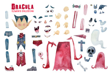 Dracula elements isolated Halloween collection watercolor painting. 