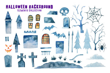Halloween background elements isolated Halloween collection watercolor painting. 