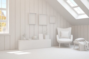 Fototapeta na wymiar Mock up of stylish room in white color with armchair. Scandinavian interior design. 3D illustration