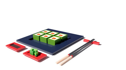 Naklejka premium Sushi set 3d rendering low poly model. Sushi rolls, wasabi and chopsticks on white background. Japanese food, fresh food concept for restaurant menu design. Tasty seafood landing page with copy space.