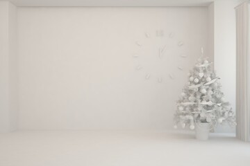 Empty christmas interior of living room in white color. Scandinavian design. 3D illustration