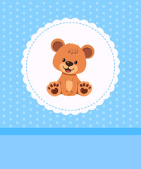 Obraz na płótnie Canvas Invitation, greeting card with teddy bear boy with frame, ribbon and pattern. Place for your text