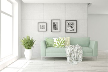 White living room with sofa. Scandinavian interior design. 3D illustration