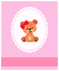 Invitation, greeting card with teddy bear girl with frame, ribbon and pattern. Place for your text