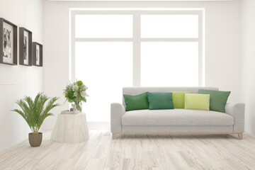 White living room with sofa. Scandinavian interior design. 3D illustration