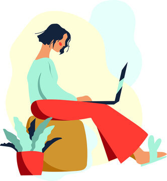 Vector flat illustration of a girl sitting on a pouf in slippers with a laptop in her hands and a potted plant next to her.