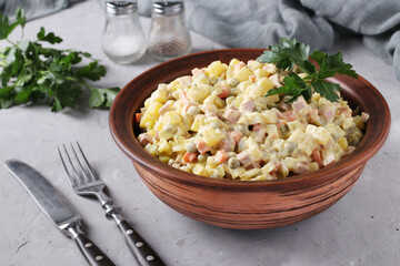 Traditional Russian festive salad Olivier in bowl against grey background, Closeup, horizontal format