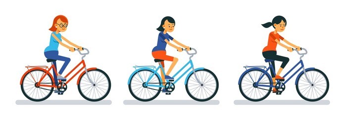 Naklejka premium Girl on bike. Woman Cyclist on bicycle cartoon style, different designs. Vector illustration.