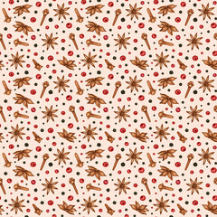 Christmas hot mulled wine spices watercolor seamless pattern. Dried clove buds, anise star, pepper, berries. Hand drawn background for design print, textile, wrapping paper, invitation, scrapbooking