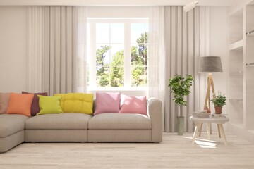 White living room with sofa and summer landscape in window. Scandinavian interior design. 3D illustration