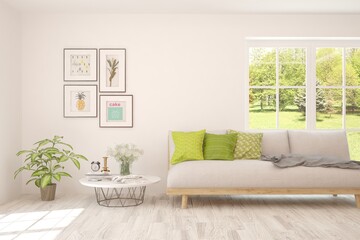 White living room with sofa and summer landscape in window. Scandinavian interior design. 3D illustration