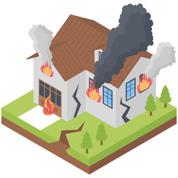 
Isometric Design Of House On Fire Icon 
