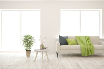 White living room with sofa. Scandinavian interior design. 3D illustration