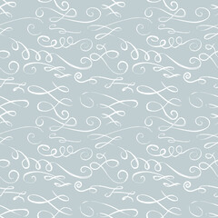 Seamless pattern of hand-drawn scrolls and swirls; ornate blue background; white scroll brush strokes on blue backdrop