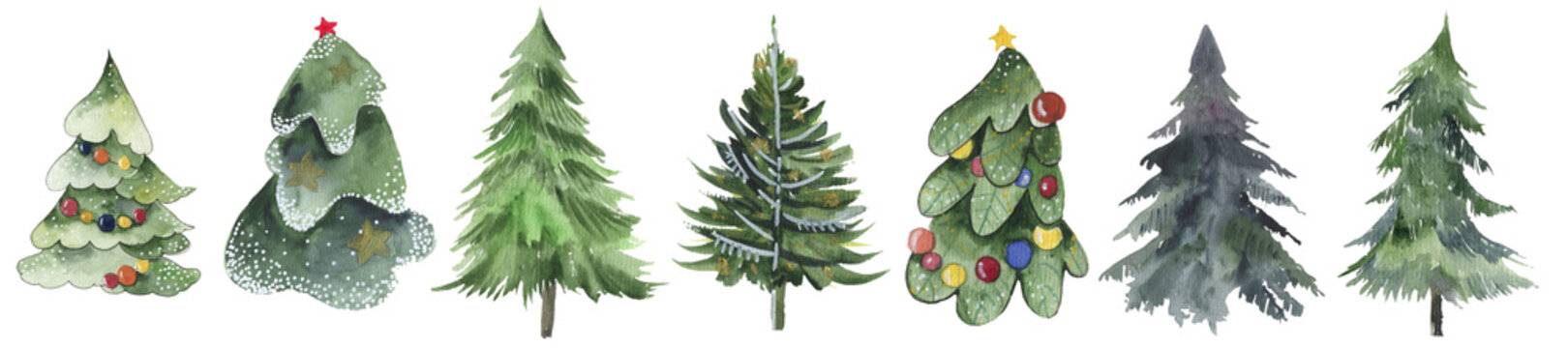 Christmas trees and snowflake set of holidays hand drawn paint winter season. set design holiday