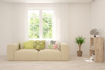 White living room with sofa and summer landscape in window. Scandinavian interior design. 3D illustration