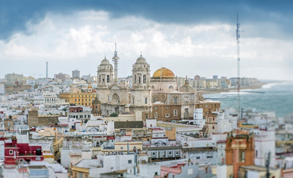 Cadiz Cathedral and stormy atlantic coast