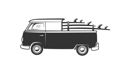 Van with surfboard isolated on white background