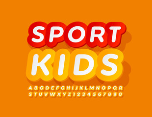 Vector creative banner Sport Kids. Yellow Sticker Font. Modern bright Alphabet Letters and Numbers set