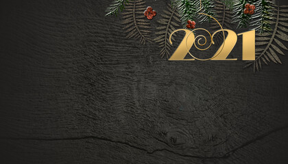 Christmas 2021 New Year background on wooden board. Hanging digit 2021, fir branches on grunge dark antique wooden background. Copy space, place for text, 3D render