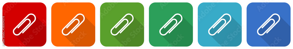 Poster Paperclip icon set, flat design vector illustration in 6 colors options for webdesign and mobile applications