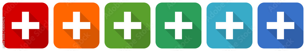 Aufkleber plus, cross icon set, flat design vector illustration in 6 colors options for webdesign and mobile a