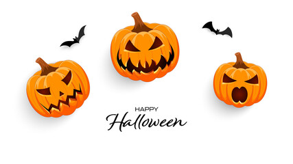 Happy halloween. Banner on white background with pumpkins and bats.