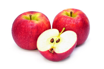 Ripe red apple fruit with apple half on white background.	