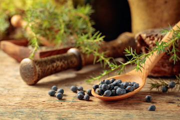 Juniper berries on a old wooden table.