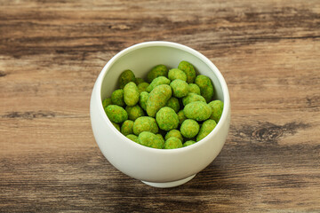 Spicy wasabi peanuts in the bowl