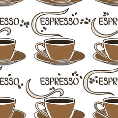 Seamless pattern with cups of coffee, coffee beans, hand drawn overlapping backdrop. Colorful background vector. Set of cups. Decorative wallpaper, good for printing