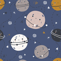 Stars, planets, seamless pattern vector. Hand drawn backdrop, sky. Colorful overlapping background, outer space. Decorative wallpaper, good for printing for observatory