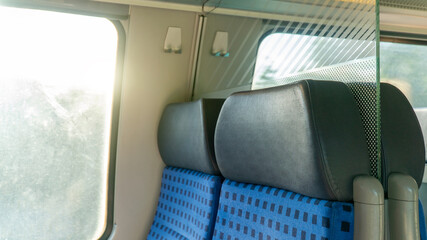 New normal travel journey public transportation train bus flight with space between seat chair and...