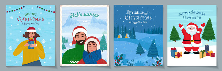 Set of cute Christmas greeting card. Vector illustration in cartoon flat style