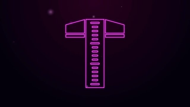 Glowing neon line T-square line for professional drafting icon isolated on purple background. 4K Video motion graphic animation.