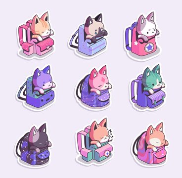 Naklejka Cats in backpacks stickers . Set of badges with cats sitting in backpacks. Vector illustration
