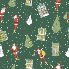 Seamless Christmas background. Santa Clauses, Christmas trees and houses. Winter illustration.