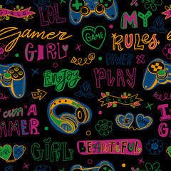 Girlish seamless pattern with a joystick, headphones, heart and lettering. Print design for children's clothes. Typography design. Text: my rules, enjoy, power, I'm a gamer, lol, beautiful, girl. © SportArtGame