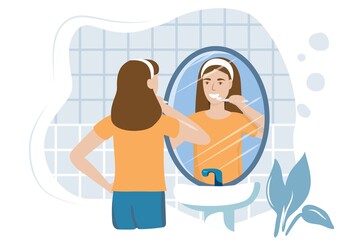Young woman in the bathroom brushing teeth with a toothbrush reflection in the mirror vector illustration in flat How to brush teeth correctly Oral hygiene and dental procedures concept