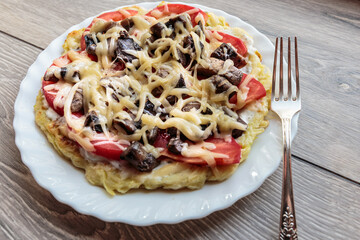 Fresh cheese pizza with mushrooms on the table, Italian traditional appetizer.